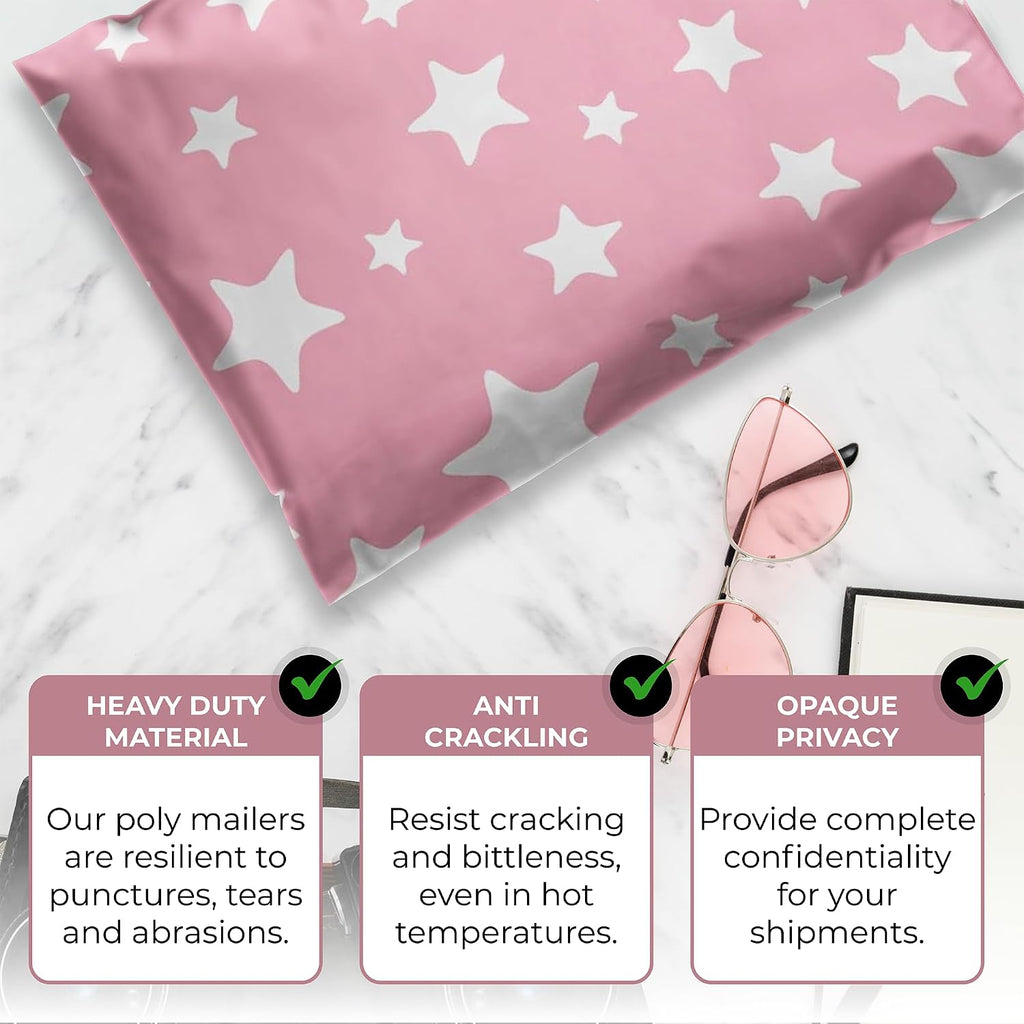 100 Count 10x13 Permanent Self Seal Light Pink & Stars Poly Mailers, 2 Mil