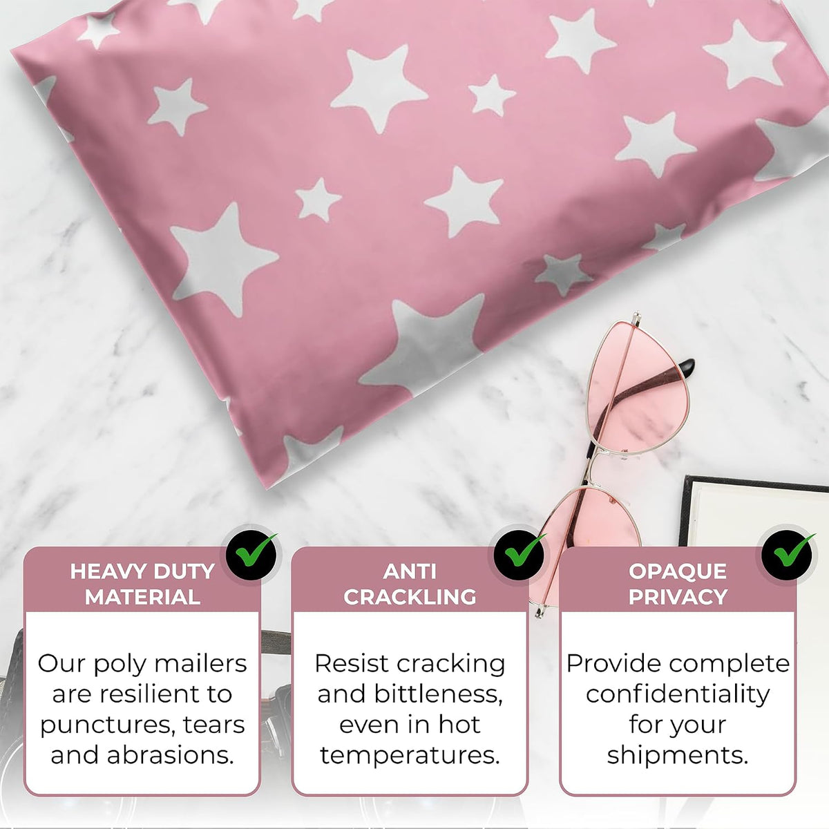 100 Count 10x13 Permanent Self Seal Light Pink & Stars Poly Mailers, 2 Mil
