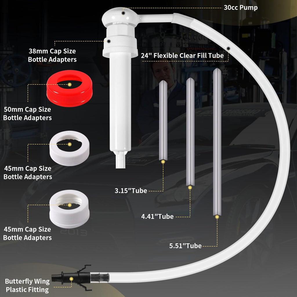 Fluid Pump for Gallon Bottles, 4 Size Cap Adapters (38/40/43/50mm) + Extension Tubes, Wide-Mouth Quart Compatible， Antifreeze with This 30cc Hand Pump(Not for Standard Quart)