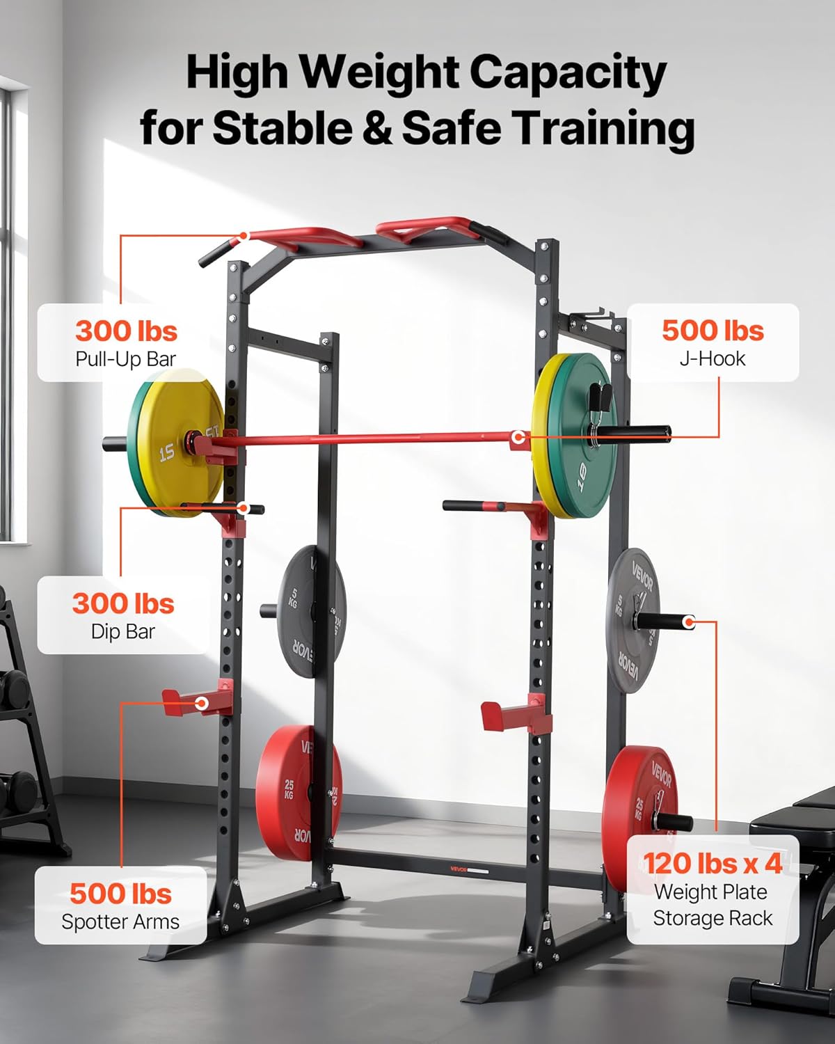 Power Cage Power Rack, Multifunctional Barbell Squat Rack with Adjustable Height, Home Gym Strength Training Workout