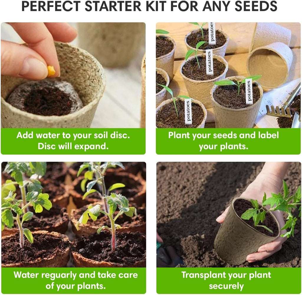 Seedling Starter Kit Germination Grow Cups and Soil (10 Pack) Biodegradable Peat Pots, Coco Coir Soil Discs, Plant