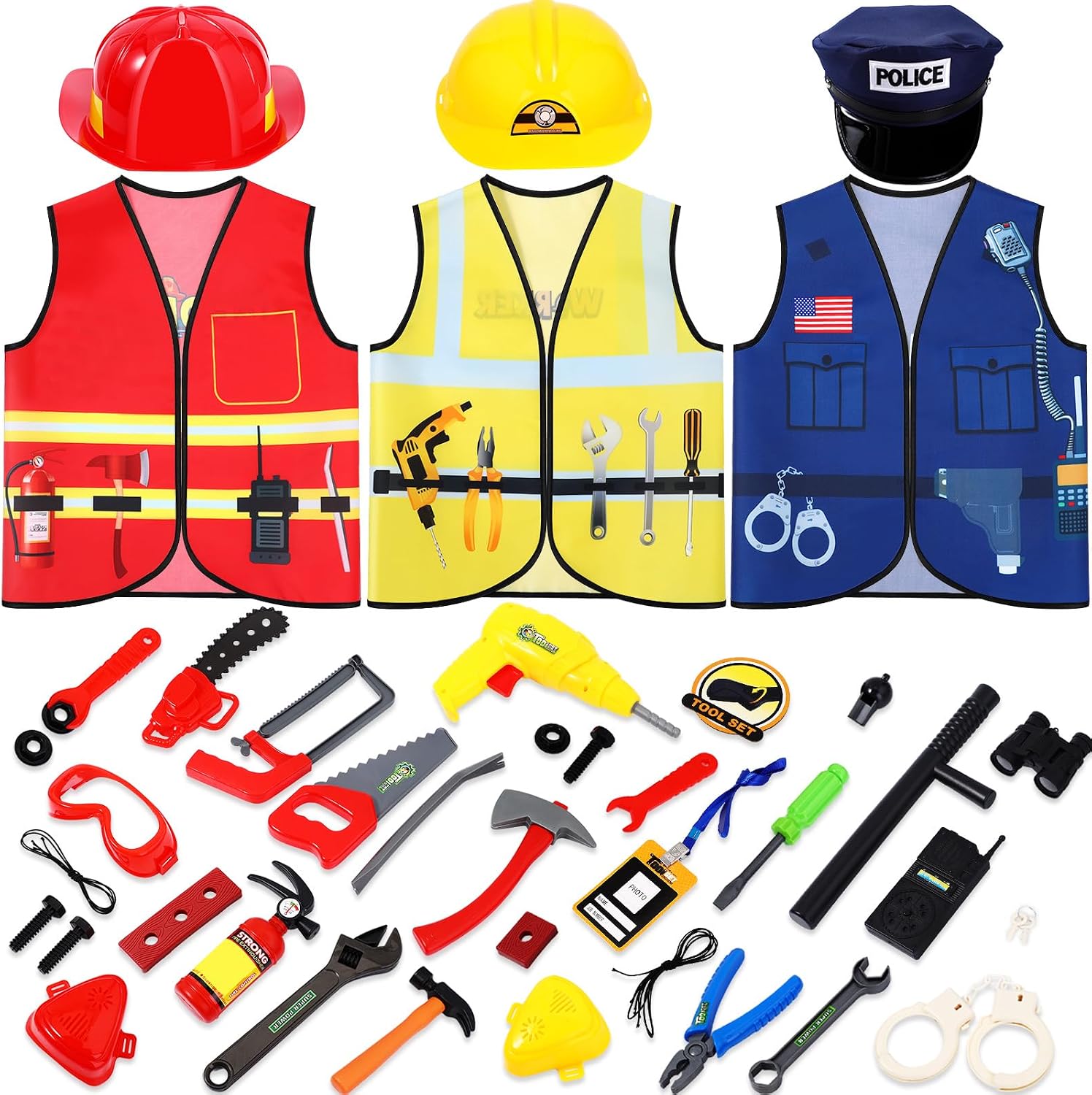 3 Sets Kids Dress up for Play Age 3-7 Years Old,dress up Costumes Vest Set Police,fireman and Worker for Toddler Kids