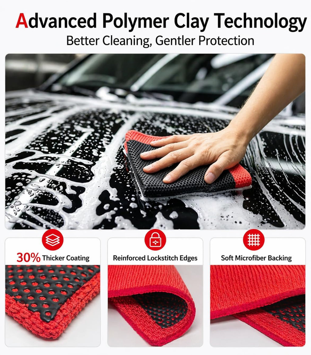 3-in-1 Clay Towel Kit for Car Detailing, 12" x 12" Clay Towels & Clay Mitt, Upgraded Rubber Polymer Coating