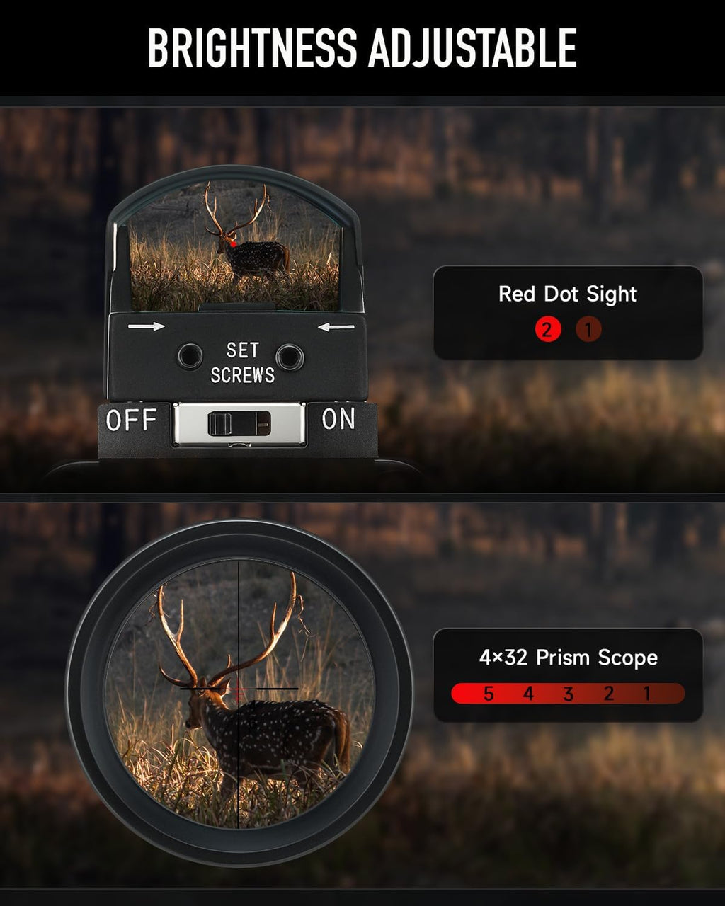 4x32 Rifle Scope with Red Dot Sight Combo, Tactical Red Illuminated Prism Scope with 5 Brightness Levels 3 MOA Red
