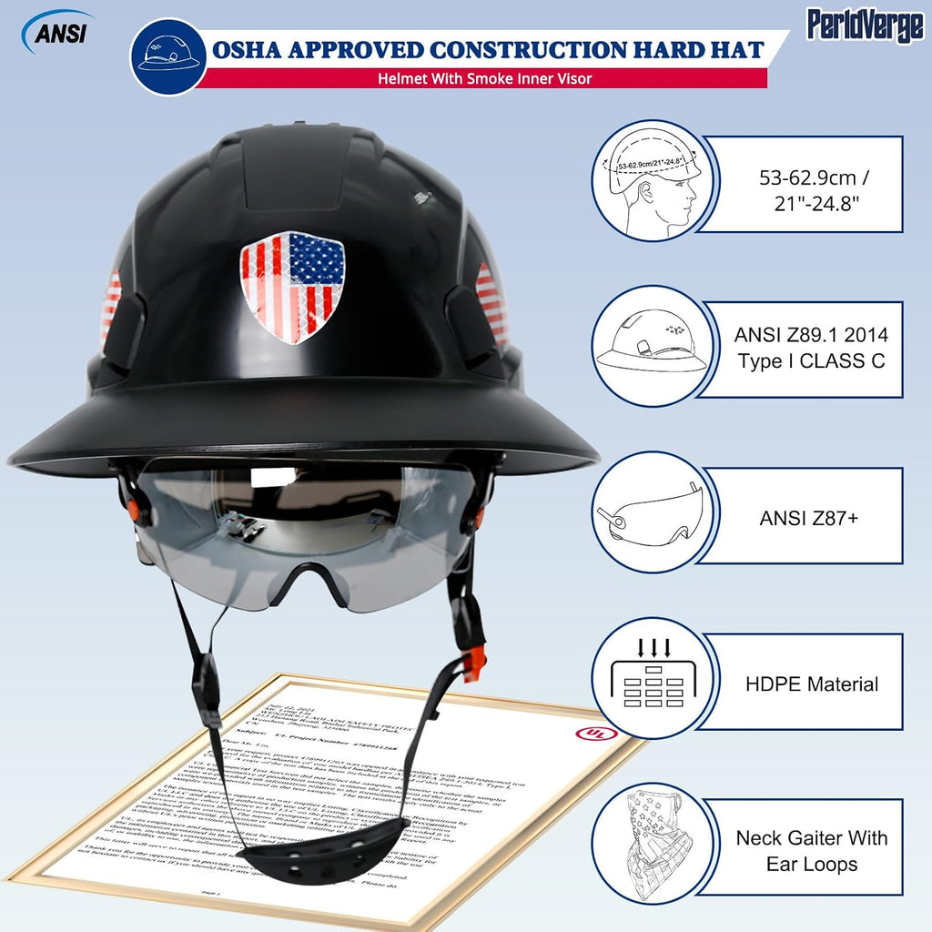 Full Brim Hard Hats Construction OSHA Approved with Visor-Construction Worker Helmet with Neck Gaiter with Ear