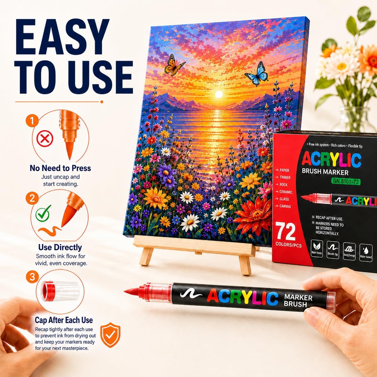 72 Colors Soft Brush Tip Acrylic Markers Set, Paint Pens for Rock, Wood, Fabric, Canvas, Glass, DIY Crafts