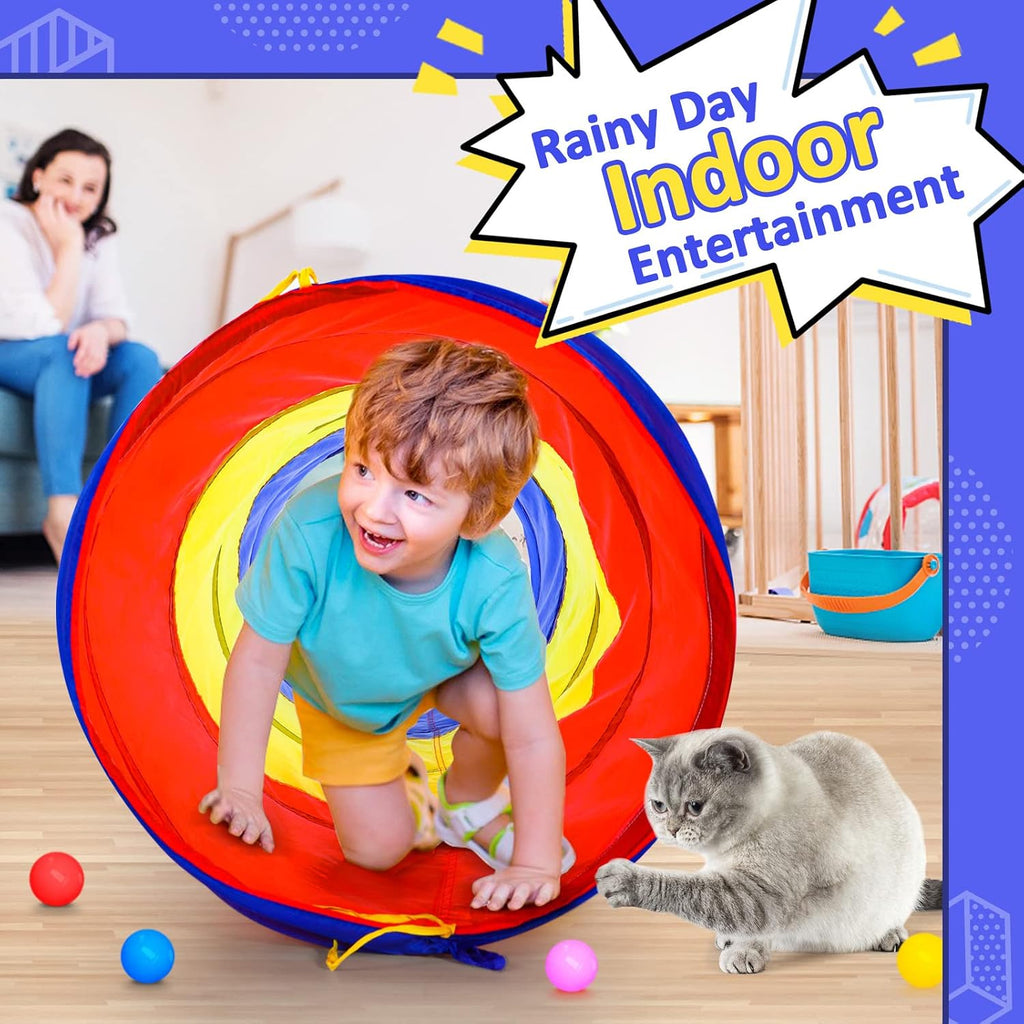 Pop Up Play Tunnel Tent for Toddlers Babies or Dogs, Indoor & Outdoor Toys for Kids Backyard Playset. (Red,Yellow,Blue)