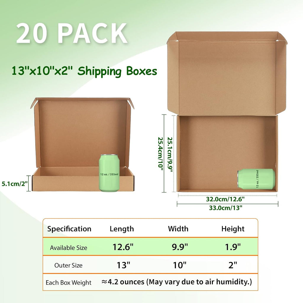 13x10x2 Cardboard Shipping Boxes Set of 20, Brown