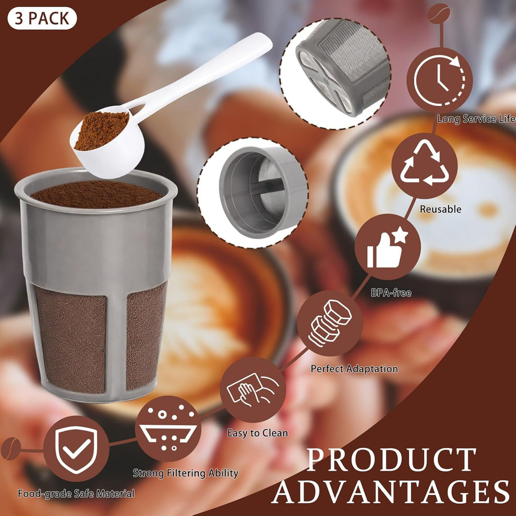 K400 Reusable Coffee Filter Inner 3 Pack with Coffee Spoon | Compatible with Keurigg My K-Cup 2.0 K250 K300 K350 K375