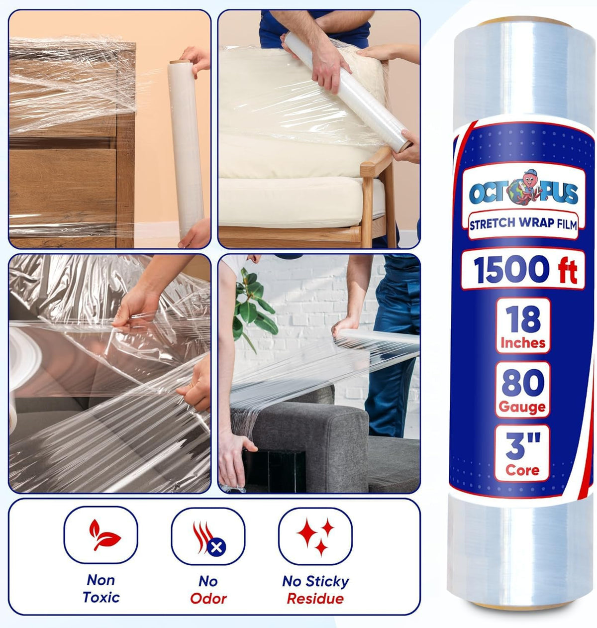 Stretch Wrap, Industrial Strength 4 Roll Clear, 18” x 1500 feet, 80 Gauge (20 Micron), Heavy Duty Plastic Shrink Film