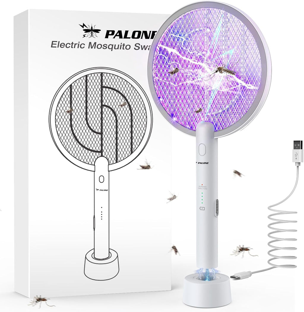 Electric Fly Swatter 4000V, 2 in 1 Bug Zapper Racket Indoor Outdoor | 3-Layer Safety Mesh, USB Rechargeable Base Fly