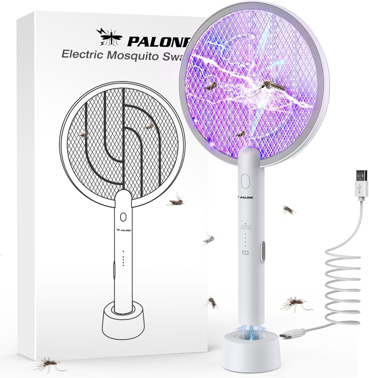 Electric Fly Swatter 4000V, 2 in 1 Bug Zapper Racket Indoor Outdoor | 3-Layer Safety Mesh, USB Rechargeable Base Fly