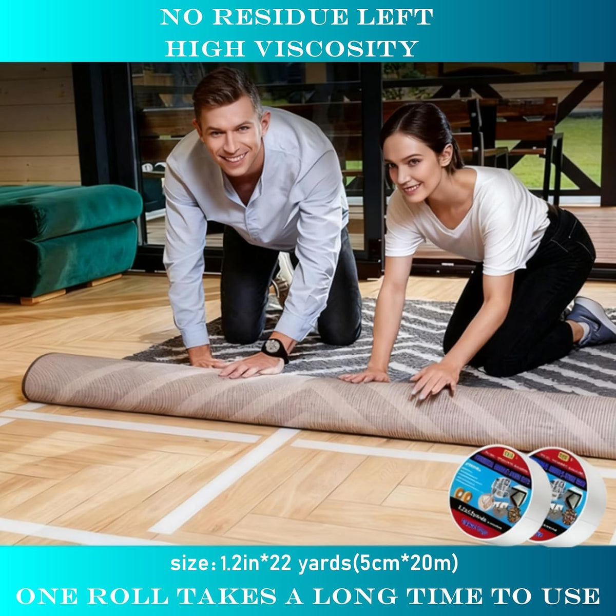 Double Sided Carpet Tape Heavy Duty - 1.2 Inch x 22 Yards - Extra Strong Rug Tape for Area Rugs, Hardwood, Tile