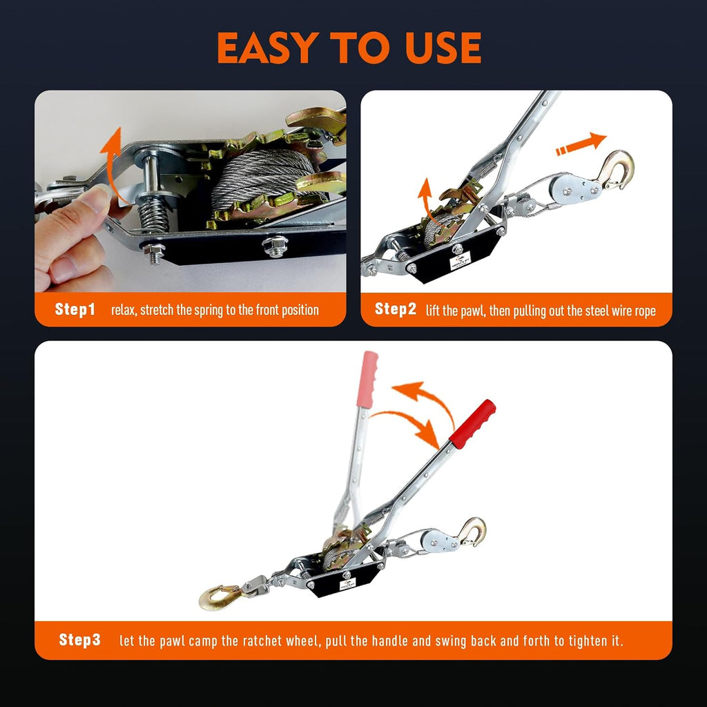 Come Along Winch,2 Ton(4410 Lbs) Capacity with 6.6FT Steel Cable 2 Hooks | Hand Winch Cable with Dual Gears, Power