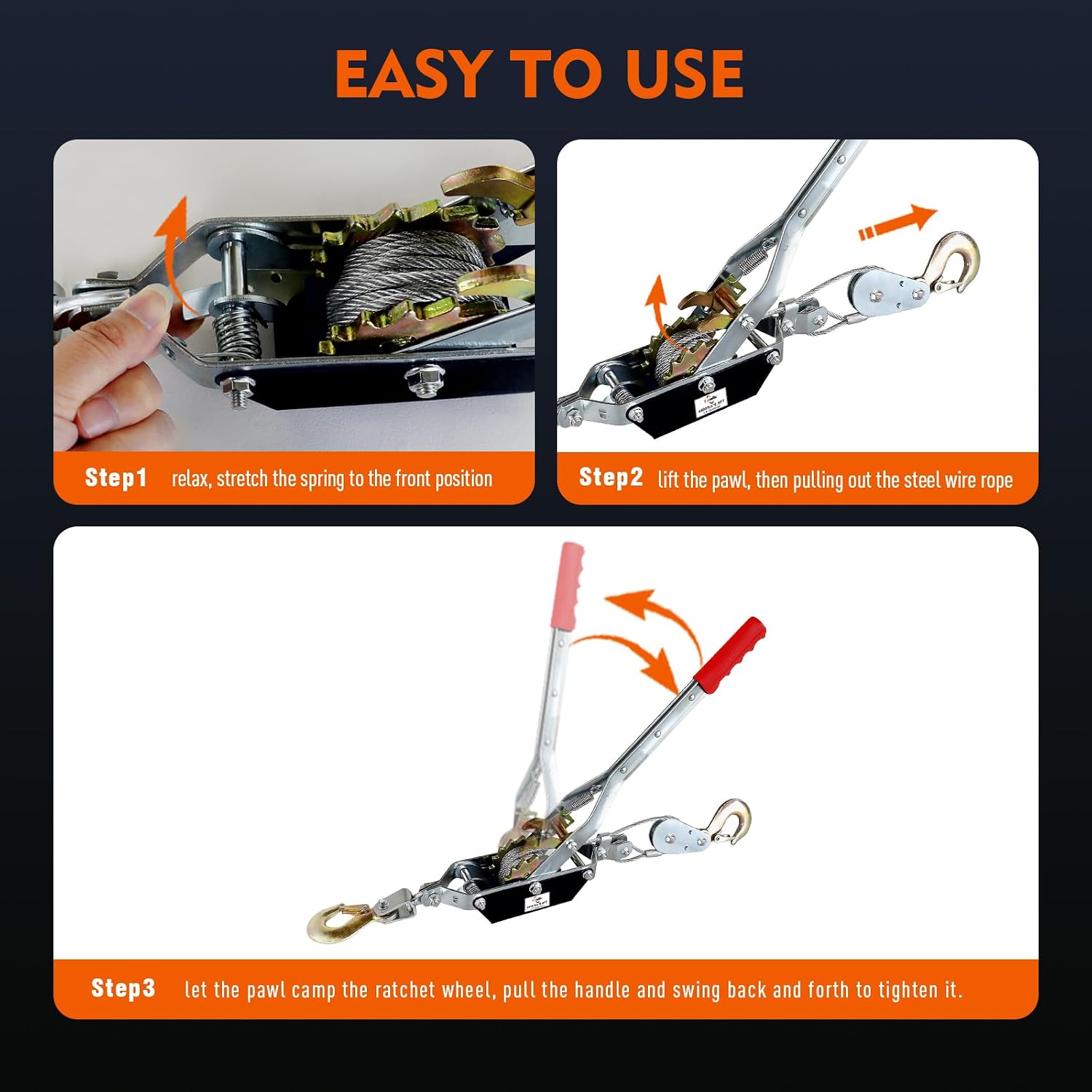 Come Along Winch,2 Ton(4410 Lbs) Capacity with 6.6FT Steel Cable 2 Hooks | Hand Winch Cable with Dual Gears, Power