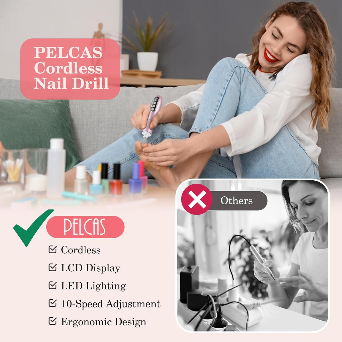 Electric Nail File, 10 Speeds Cordless Nail Drill Kit with LED Light