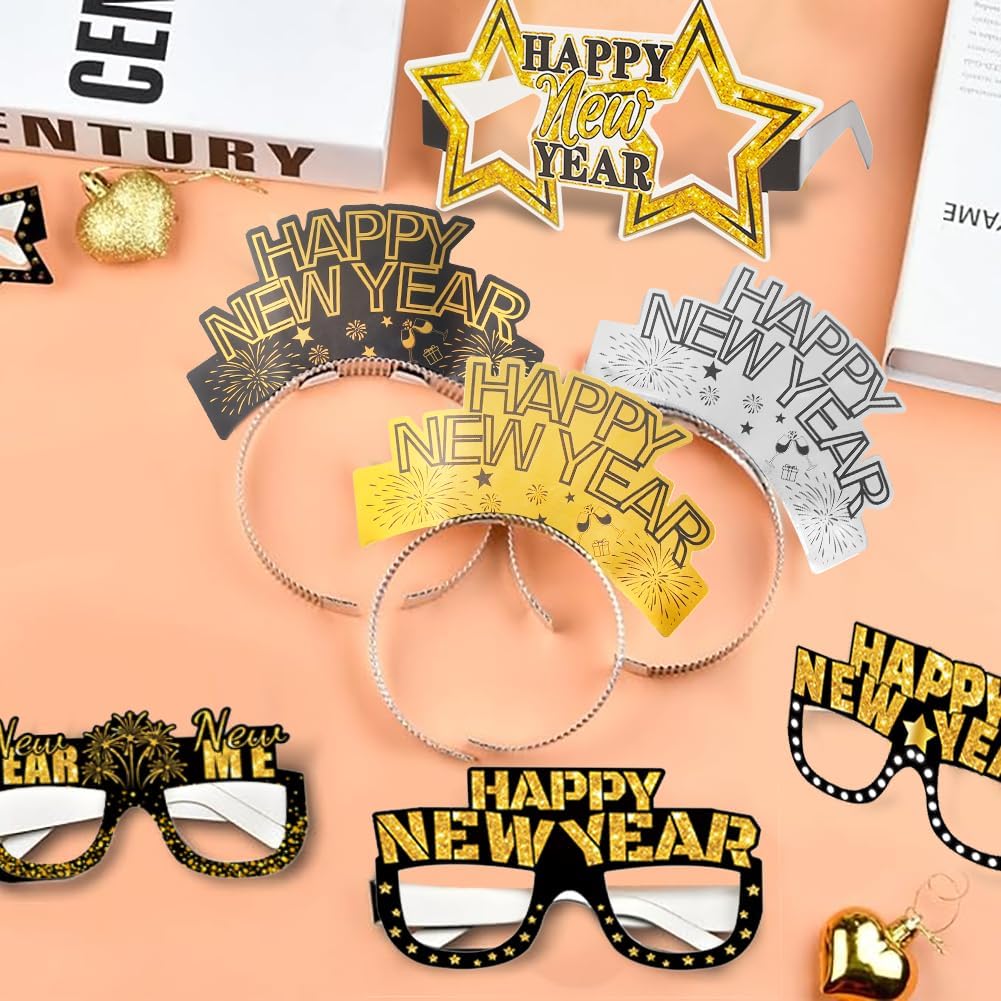 New Year’s Eve Party Supplies 2026– Includes Happy New Year Headbands, Cone Hats, Party Glasses, and Tassel Squawkers