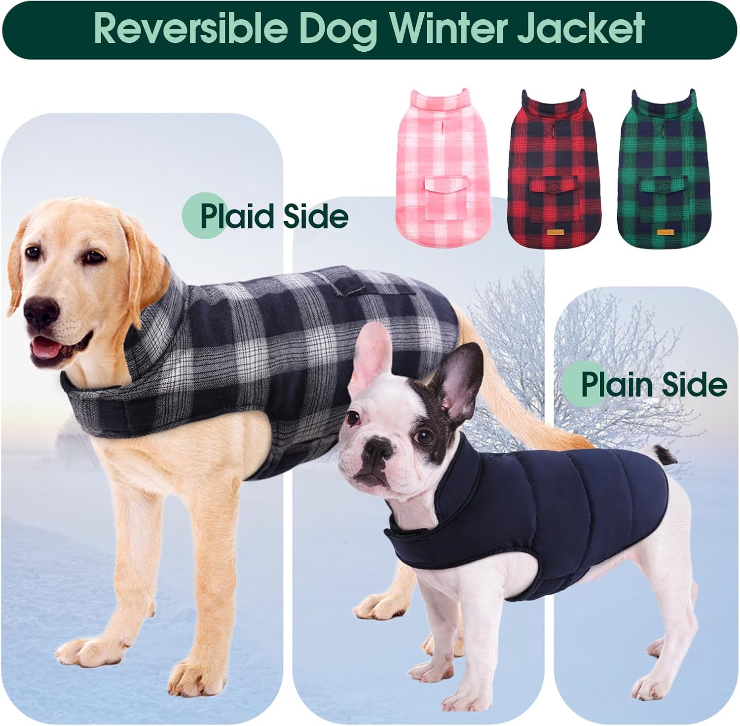 Dog Winter Coat, Reversible Dog Jacket, Warm Doggie Coat British Style Puppy Cold Weather Vest, Windproof Pet Clothes