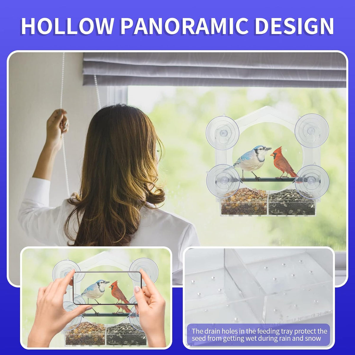 Window Bird Feeder with 4 Extra-Strong Suction Cups-Clear Acrylic