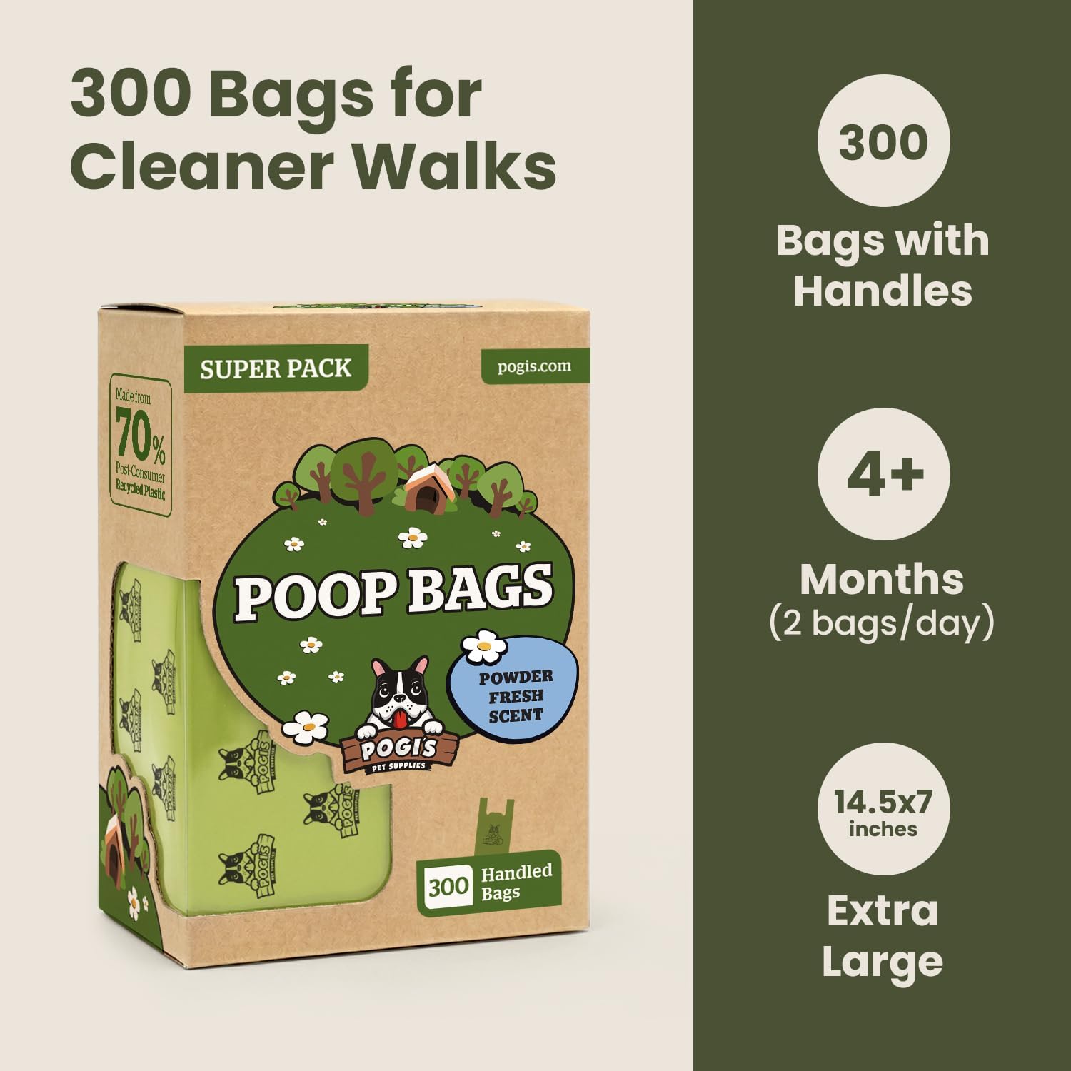 Pogi’s Dog Poop Bags with Handles – Extra-Thick, Leak-Proof, Large, Fresh Scent, 300-Count