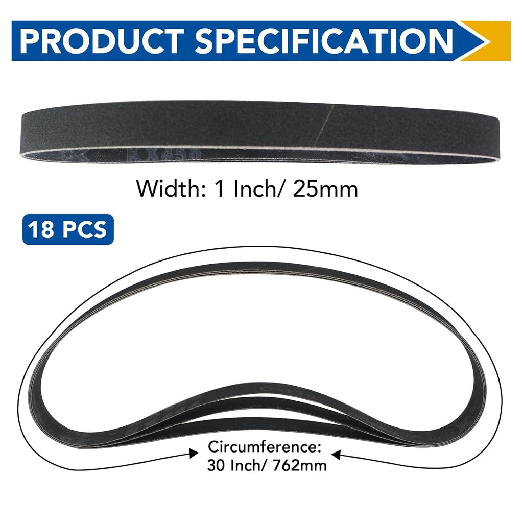 18 Pack 1 x 30 Inch Silicon Carbide Sanding Belts, 120-1000 Grit