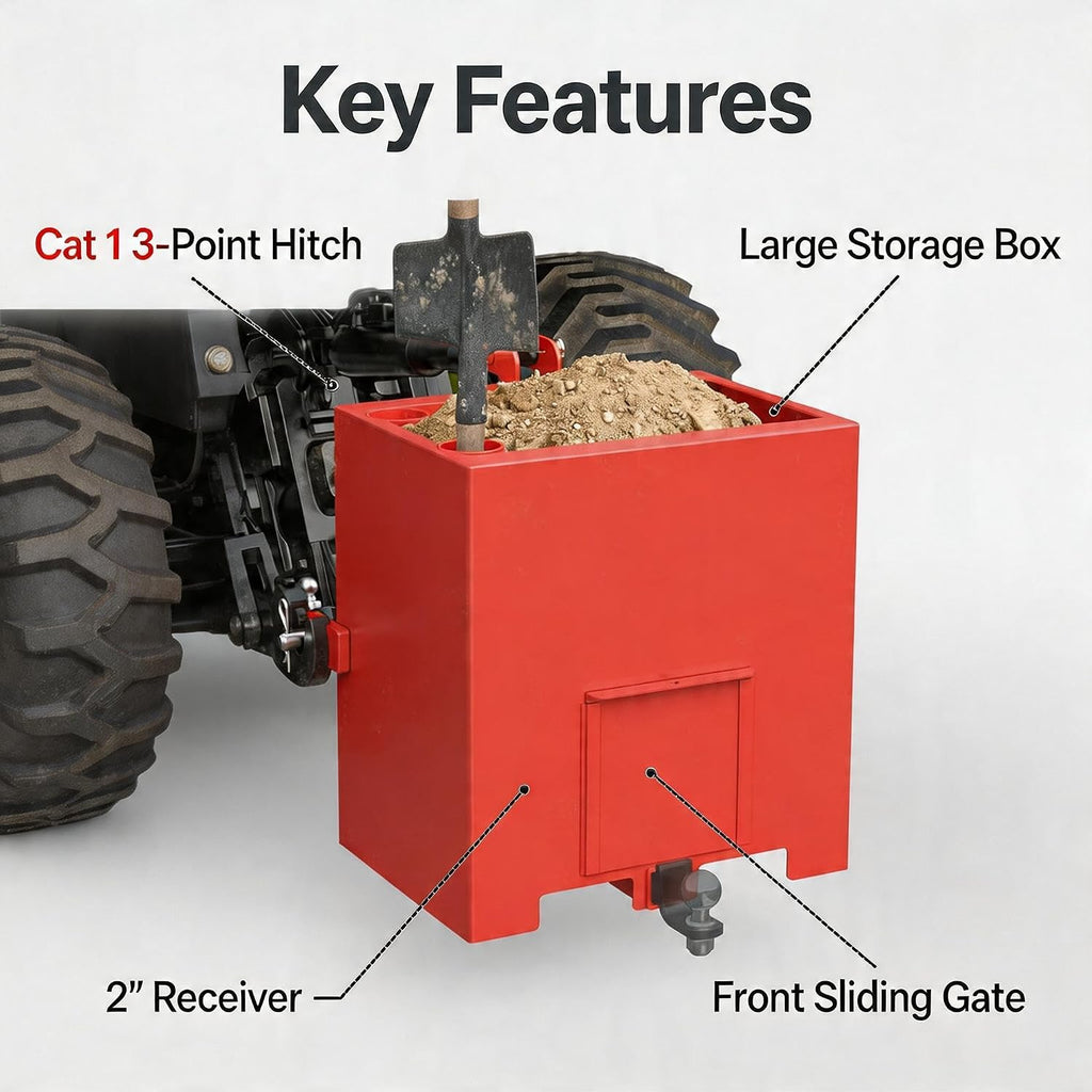 800 lbs Heavy Duty Tractor Ballast Box – Category 1 3-Point Hitch Rear Counterweight with 2" Receiver – Sliding