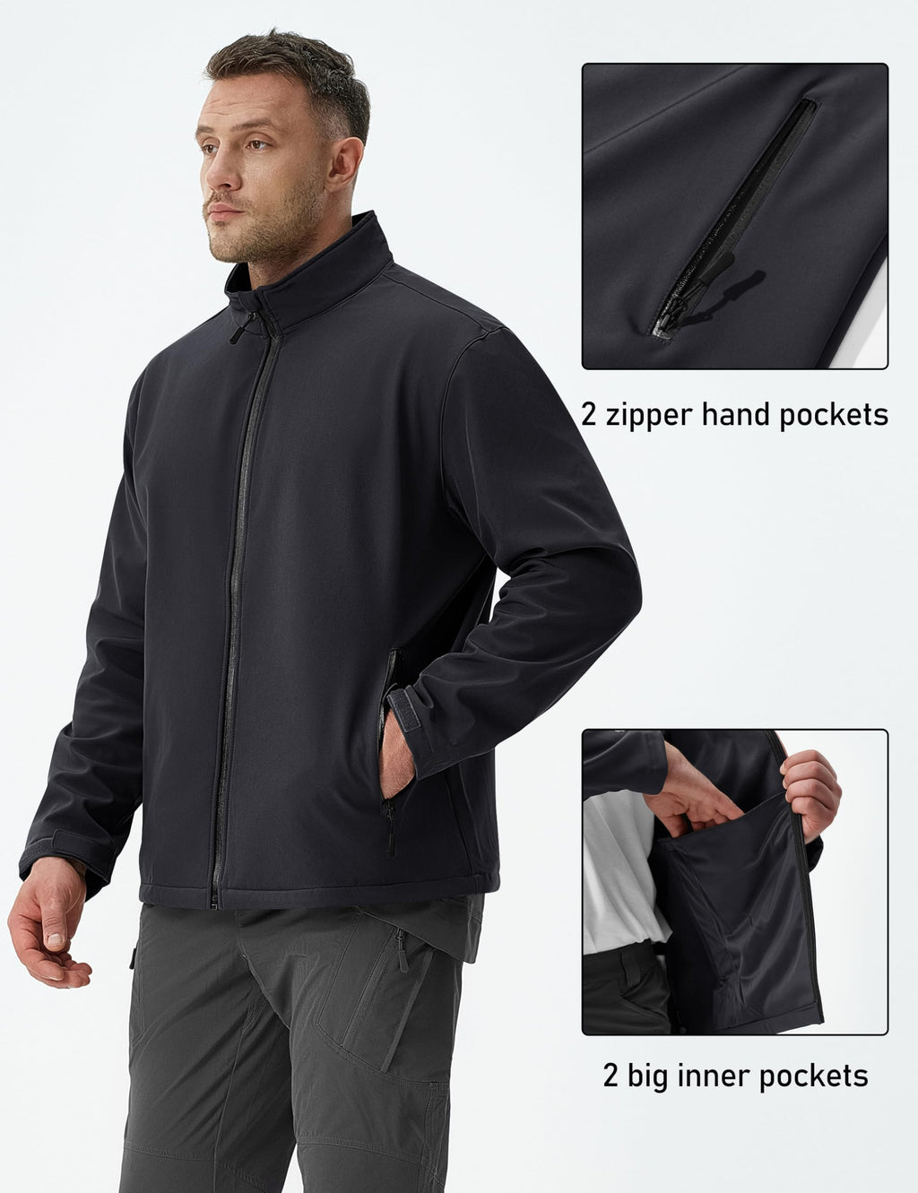 Mens Lightweight Softshell jacket Fleece Lined Waterproof Jackets Rain Winter Coats Hiking Work Windbreaker Black XL