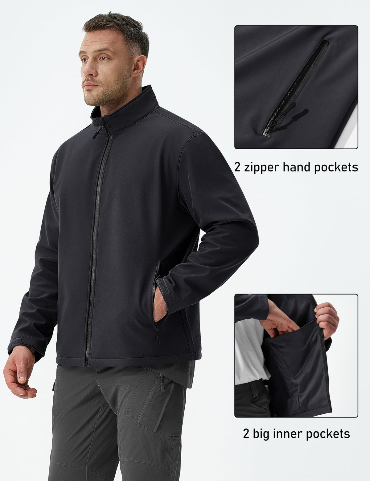 Mens Lightweight Softshell jacket Fleece Lined Waterproof Jackets Rain Winter Coats Hiking Work Windbreaker Black XL