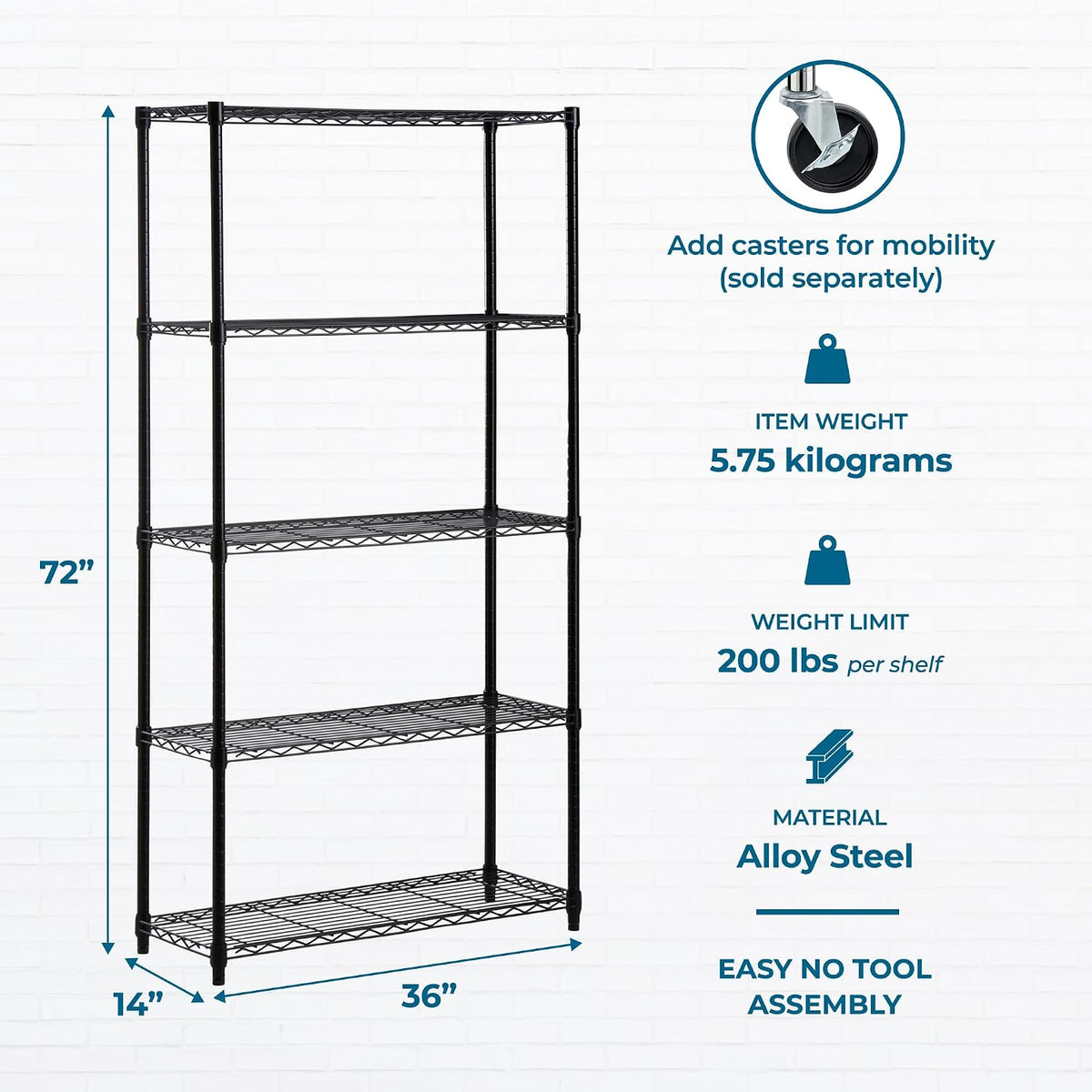 5-Tier Black Wire Shelf, NSF, 200 lb/Shelf, 36x14x72 in