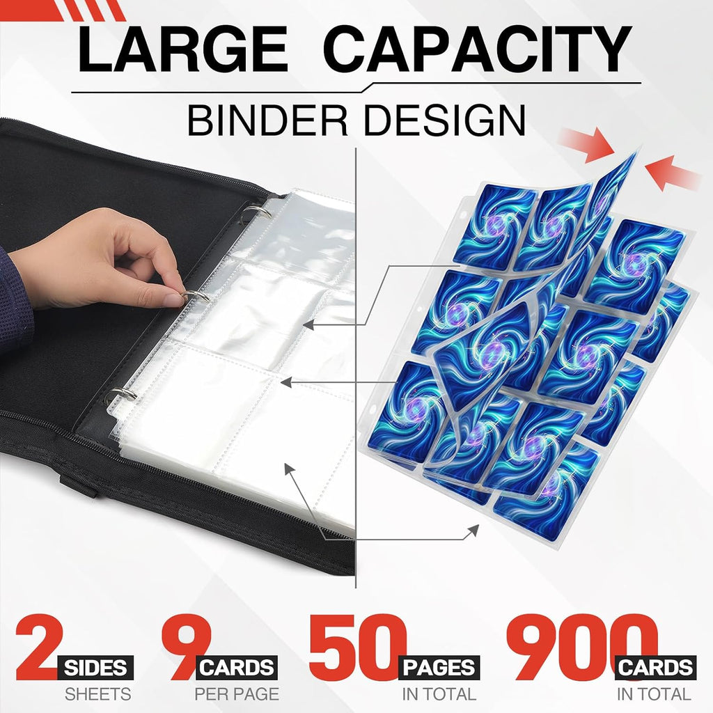 9 Pocket Trading Card Binder, 900 Cards Zip Album, Black | 50 Pcs Double Sided Sleeves, 3 Rings, Card Collection for
