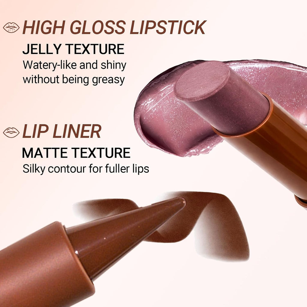 Nourishing Lip Gloss with Brown Lip Liner Lip Combo Sets, Solid Lip Gloss Jelly Lipstick High Shine, Nude Lip Kit