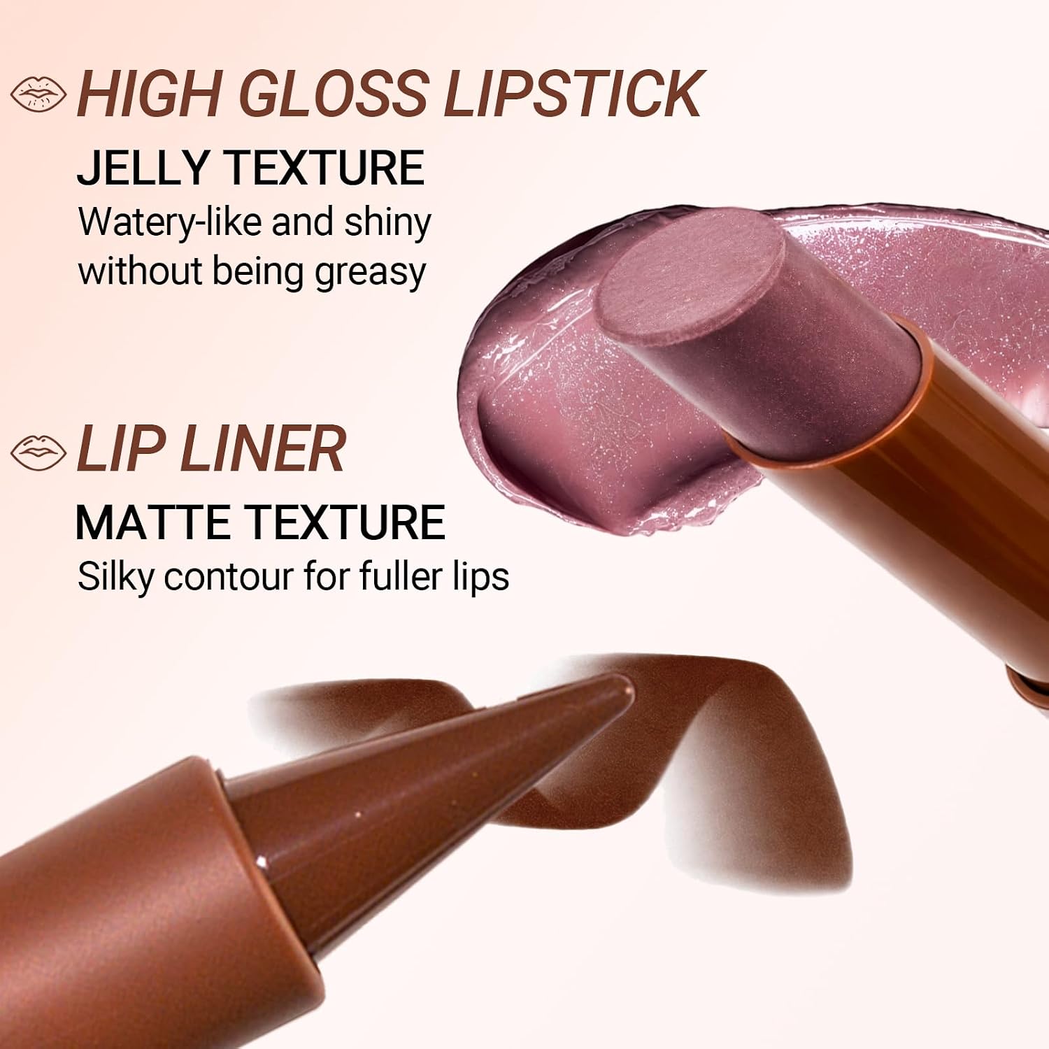 Nourishing Lip Gloss with Brown Lip Liner Lip Combo Sets, Solid Lip Gloss Jelly Lipstick High Shine, Nude Lip Kit