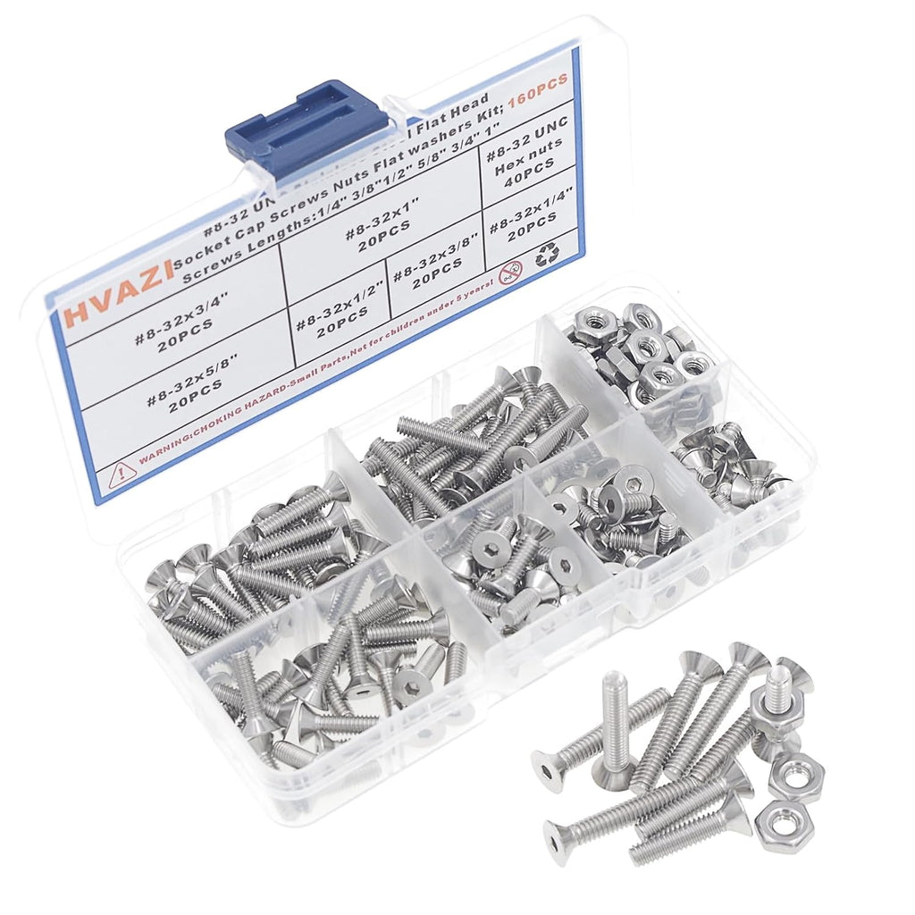 #8-32 UNC 304 Stainless Steel Flat-Head Socket Cap Screws, Nuts Kit