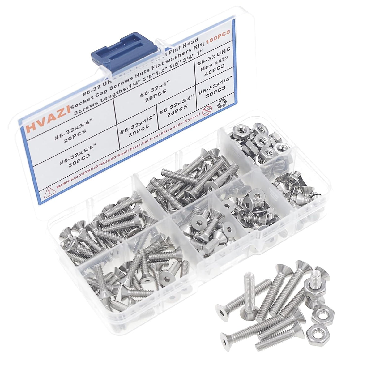 #8-32 UNC 304 Stainless Steel Flat-Head Socket Cap Screws, Nuts Kit