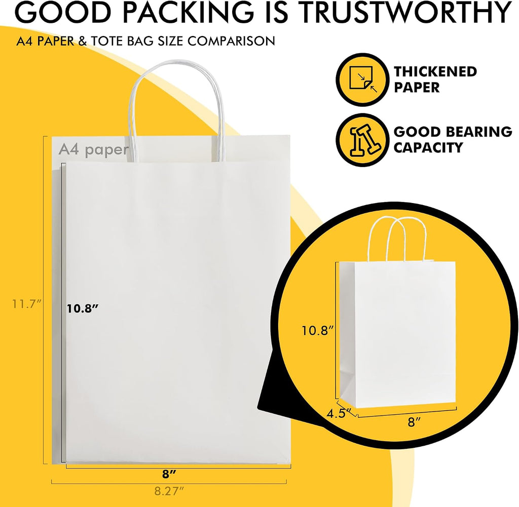 White Gift Paper Bags 100 Pack 8x4.5x10.8 in Medium with Handles