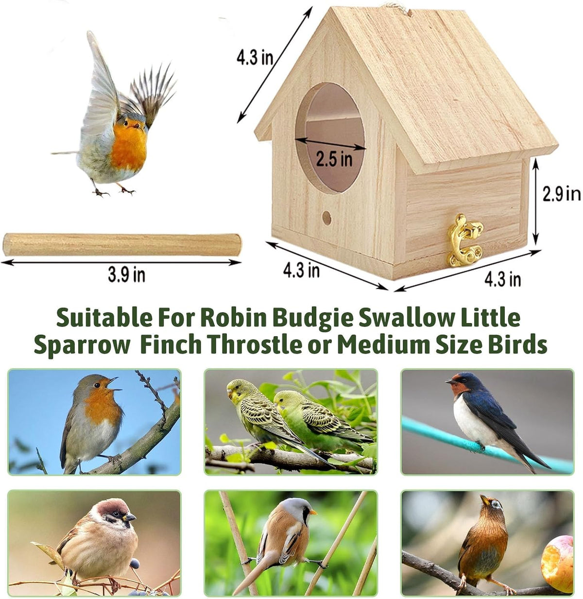 Wooden Bird House, Hanging Birdhouse for Outside, Garden Patio Decorative Nest Box Bird House for Robin Budgie