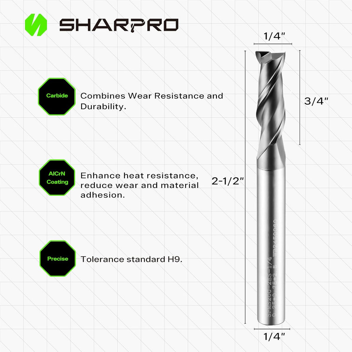 1/4 End Mills 1/4 Inch Shank, 2 Flute Carbide Square Endmill with AlCrN Coated, Upcut Spiral CNC Router Bits for Alloy Steel, Metal and Stainless Steel