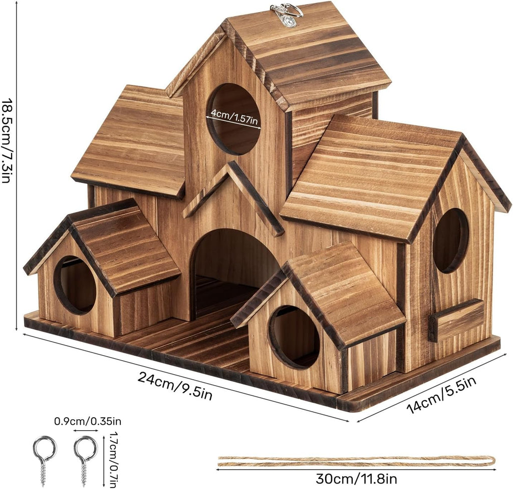 Bird Houses for Outside, 5-Hole Wooden Birdhouse for Bluebirds Finch Swallow Wren Chickadee Hummingbird, Hanging Bird