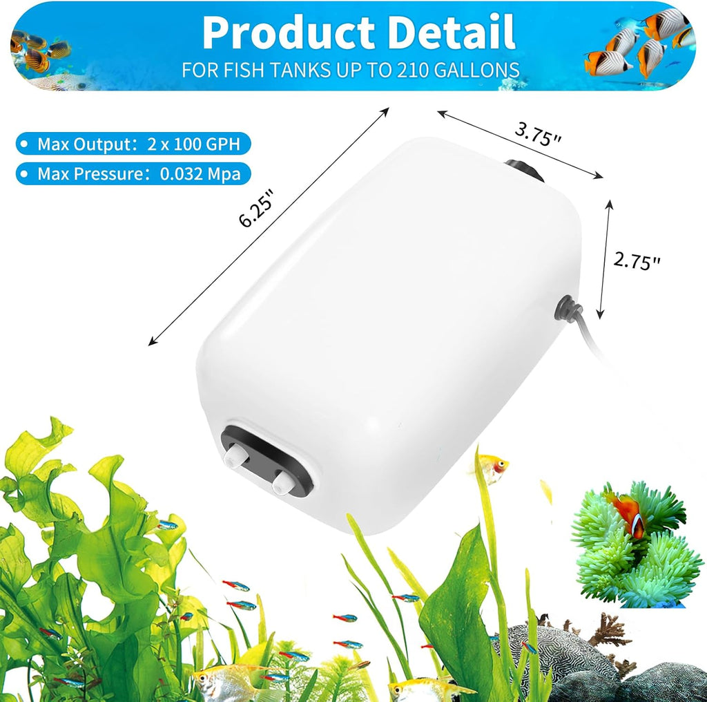 Aquarium Air Pump for 20-210 Gallon Tank, Fish Air Bubbler, Hydroponic Oxygen Aerator with Stones, Airline Tubing