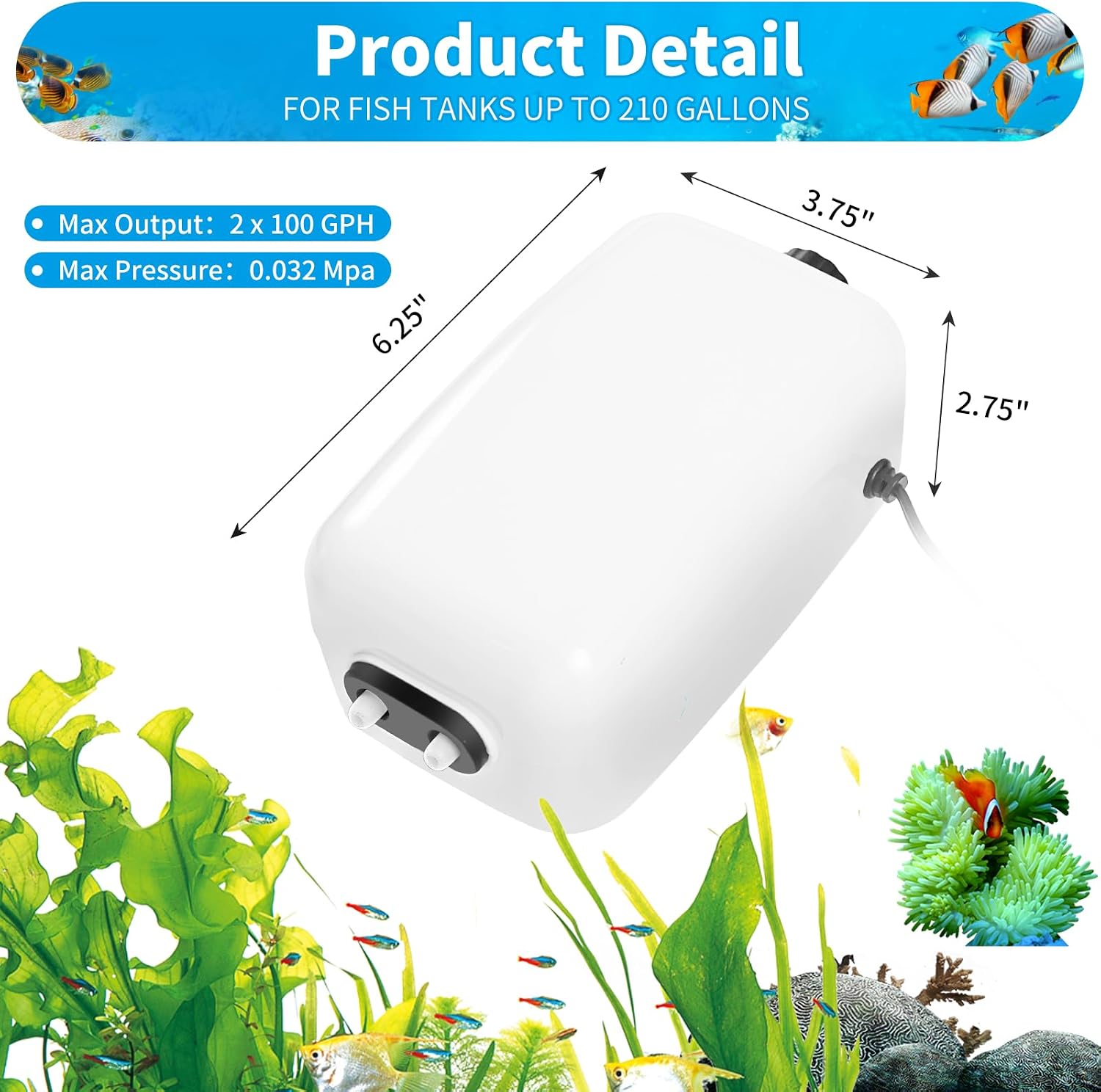 Aquarium Air Pump for 20-210 Gallon Tank, Fish Air Bubbler, Hydroponic Oxygen Aerator with Stones, Airline Tubing