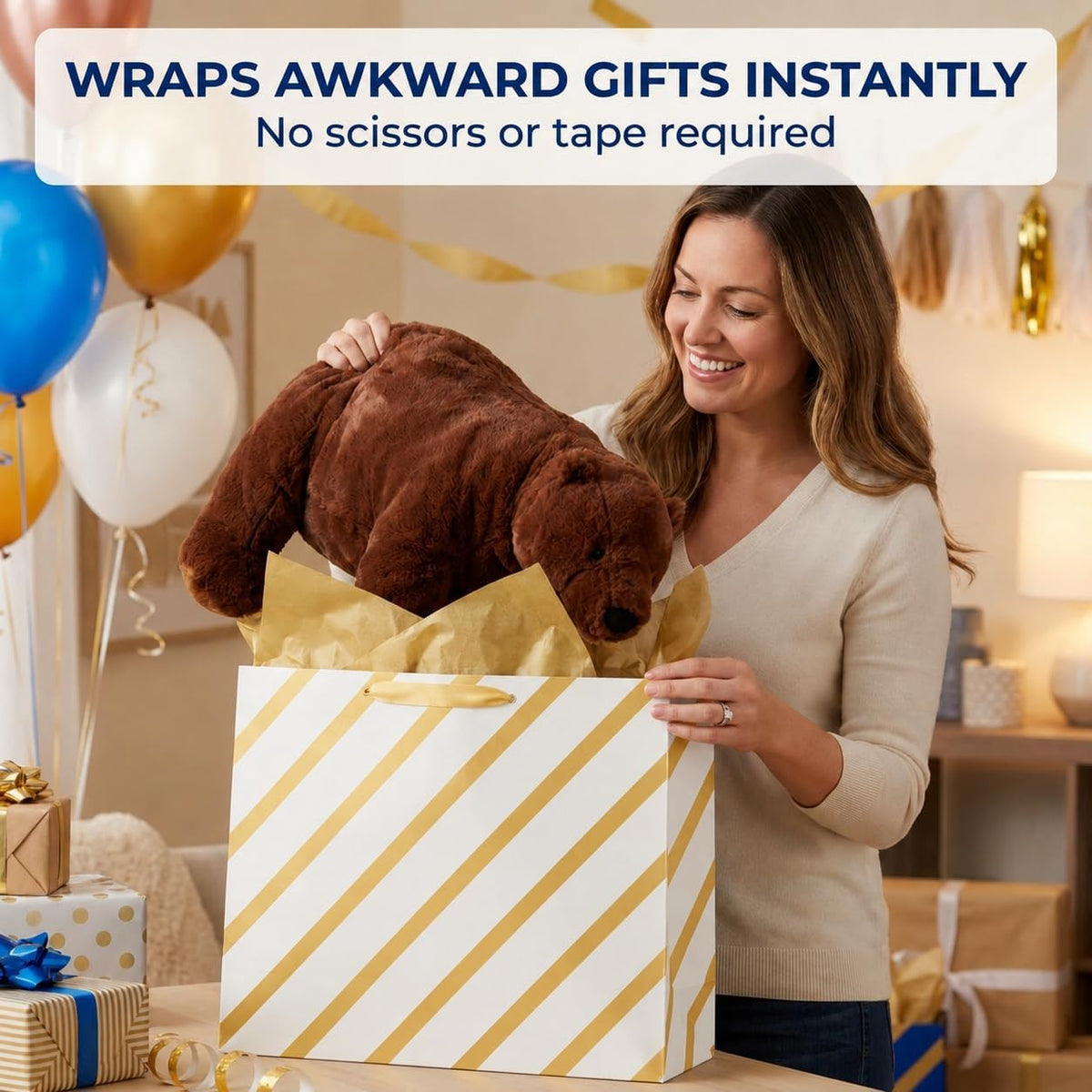 Large Gift Bags, White & Gold Design, Tissue Paper, 3 Pack