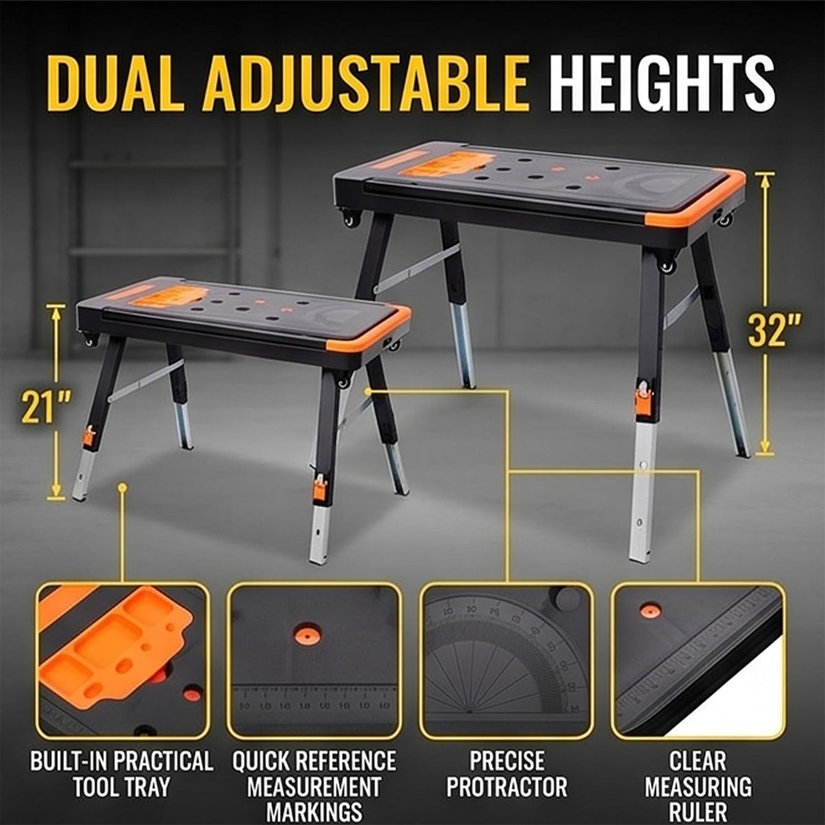 8-in-1 Portable Folding Work Table with US Standard Socket, Multifunctional Heavy Duty Workbench with Wheels