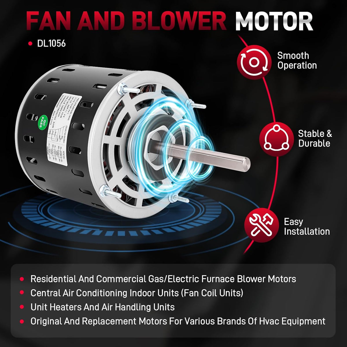 DL1056 Blower Fan Motor 1/2HP, 1075RPM, 3Speed, 115V, 48Frame Compatible with A.O.Smith/Century Fasco Emerson Franklin Dayton Carrier Fedders Marathon Protech, Sleeve Bearing Direct Drive Blower Motor