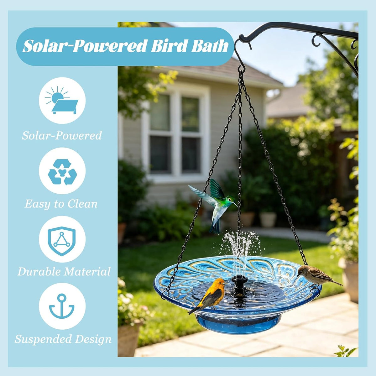 12.2" Hanging Glass Bird Bath for Outdoors, Blue Peacock Feather Pattern