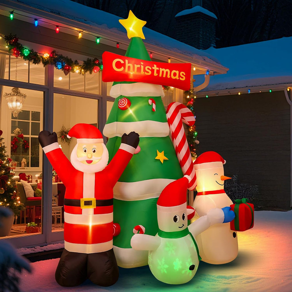 9Ft Christmas Inflatables Tree Decorations with Santa Snowman | Built-in LED Lights Blow Up Christmas Tree Outdoor