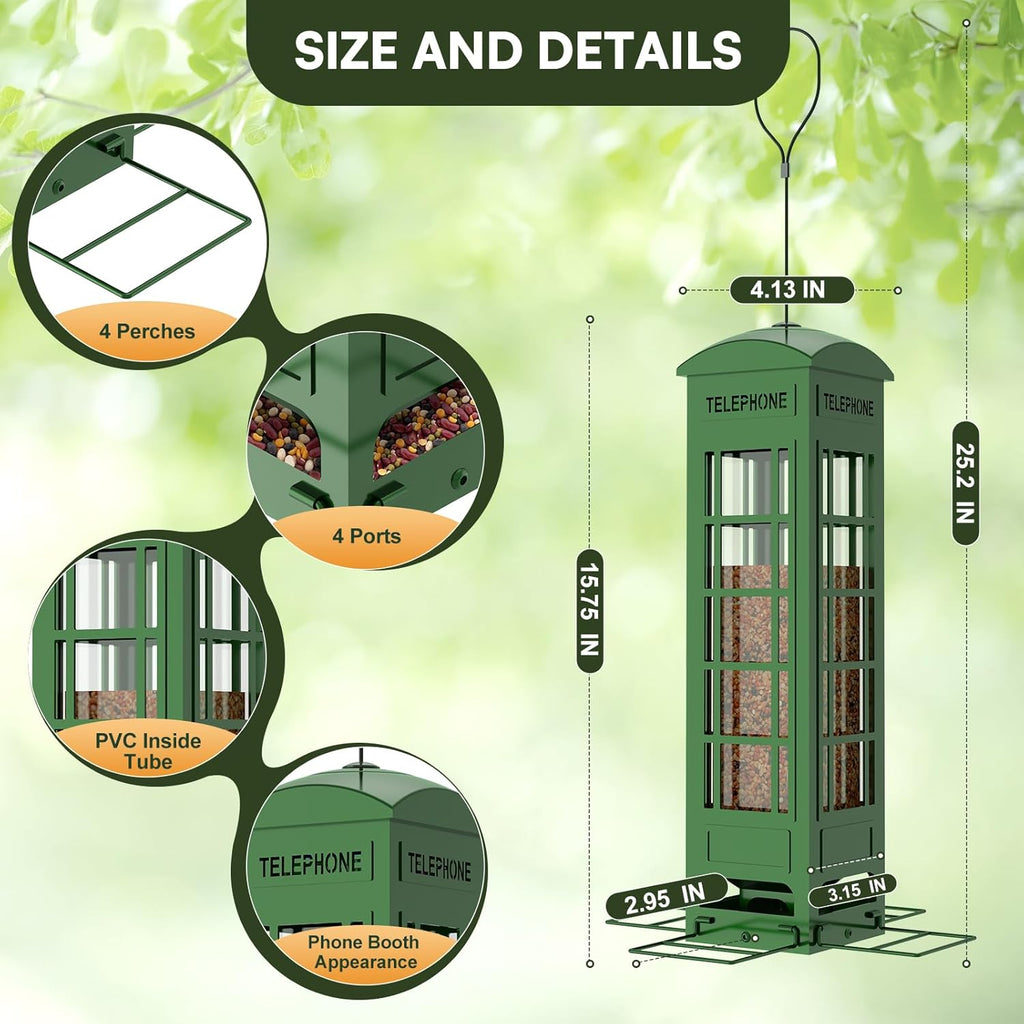 Squirrel Proof Bird Feeder, Heavy Duty Metal Telephone Booth Bird Feeder with Weight Activated Perches, 3 LB Capacity