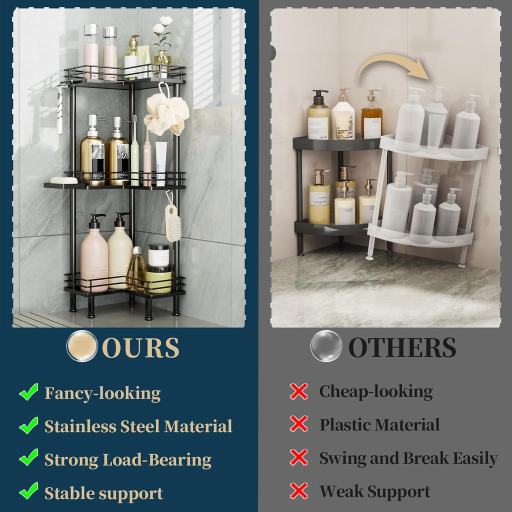 Corner Shower Caddy Standing - 3-Tier Stainless Steel Shower Organizer with Soap Holder and 4 Hooks, Large Capacity