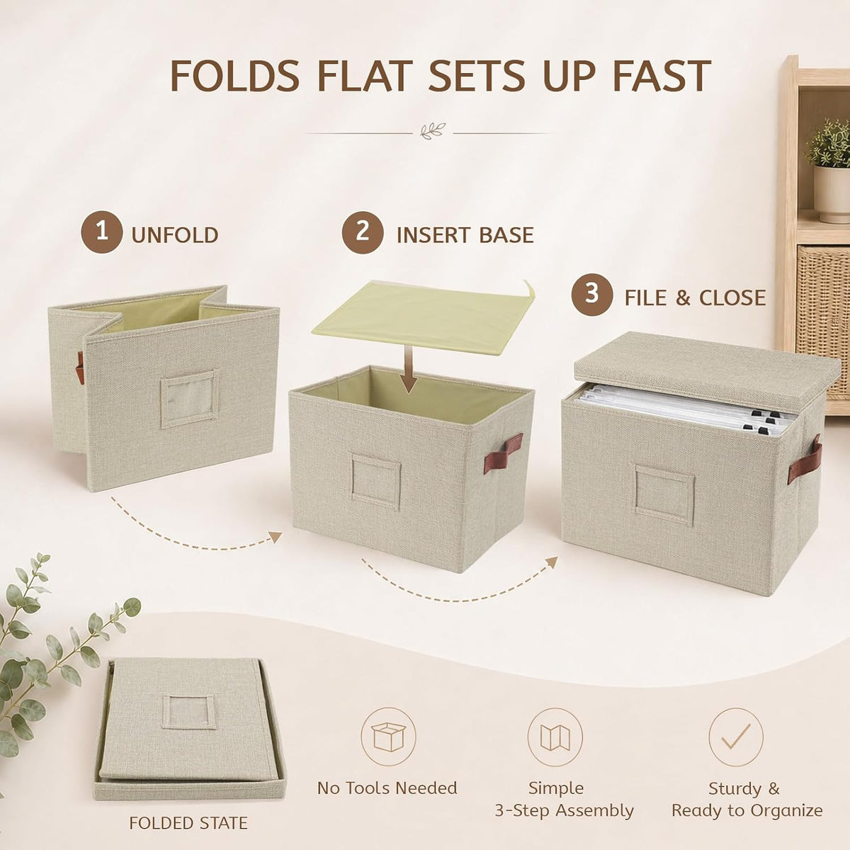 Collapsible File Storage Box with Lid - Beige