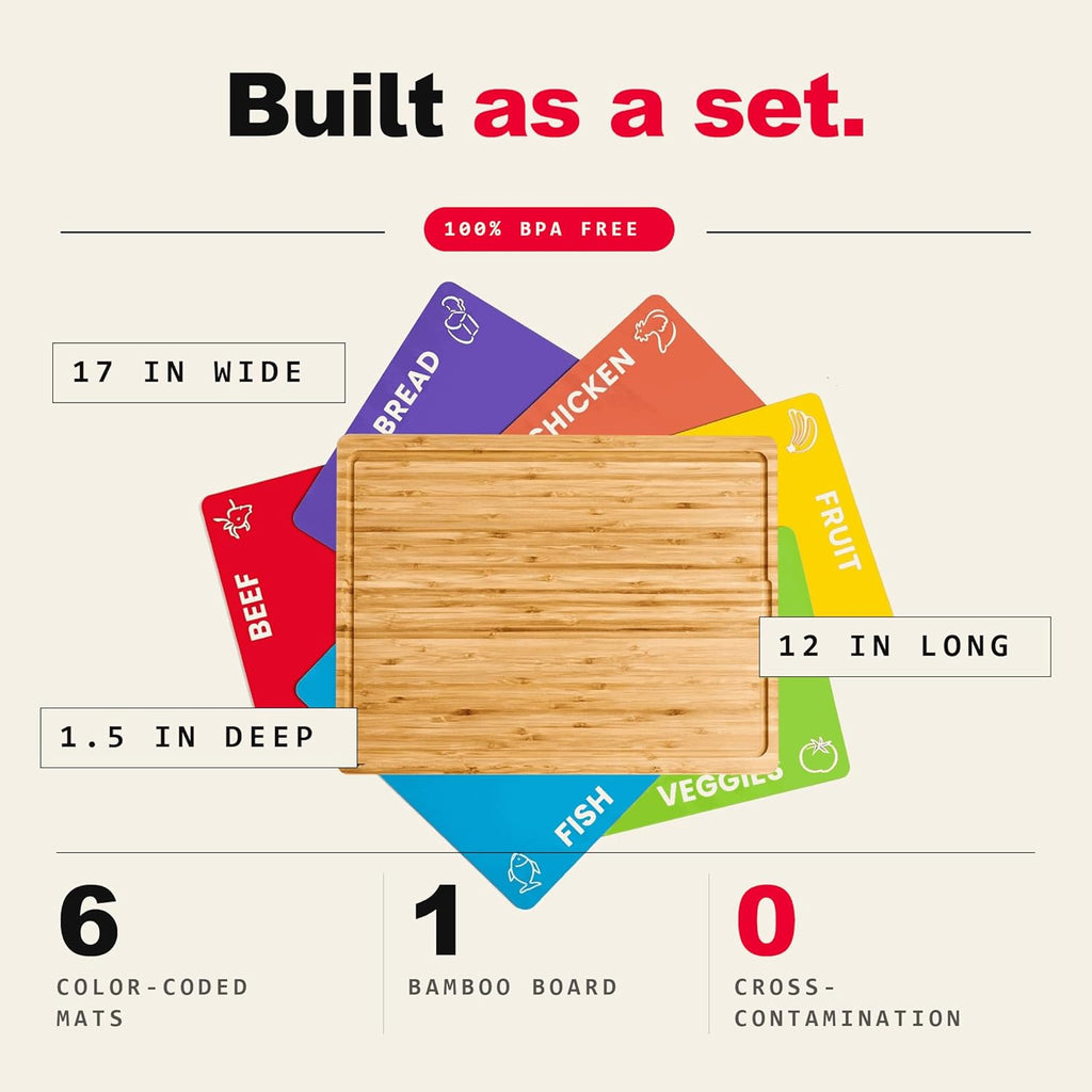 Bamboo Cutting Board Set with 6 Color Coded Flexible Mats Food Icons, BPA-Free Non Slip Easy Clean Cutting Boards for