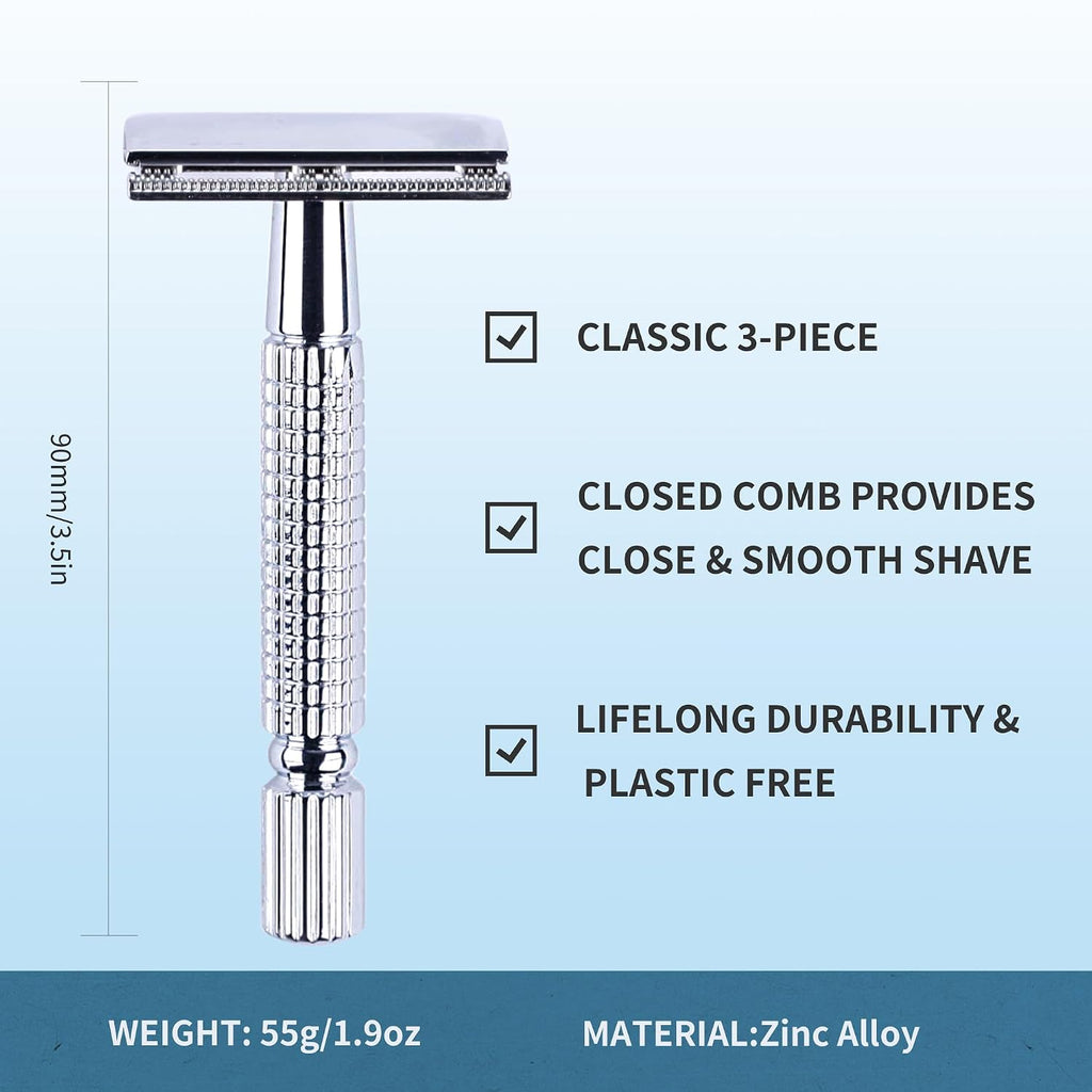 Double Edge Safety Razor Reusable Stainless Metal Wet Shaving Razor with 10 Swedish Platinum Blades for Men Women